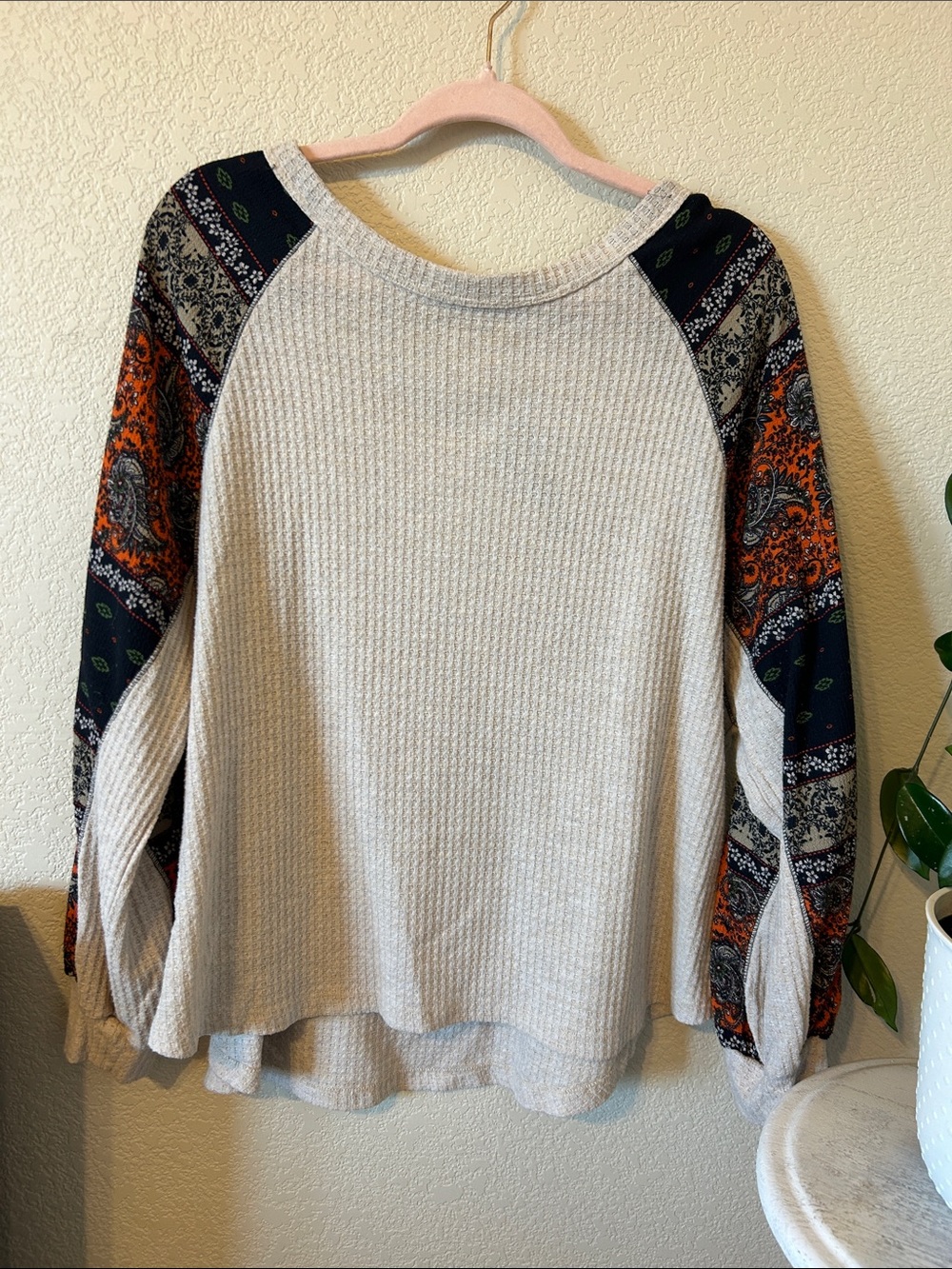 Daytrip Cream Waffle Knit Sweater with Navy & Orange Paisley Raglan Sleeves